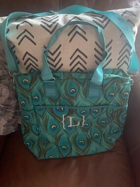 Monogrammed “L” Teal Peacock-Print Tote Bag